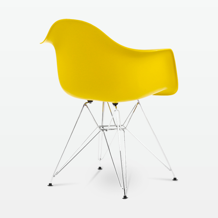 Designer Plastic Dining Armchair in Mustard & Chrome Metal Legs - back angle