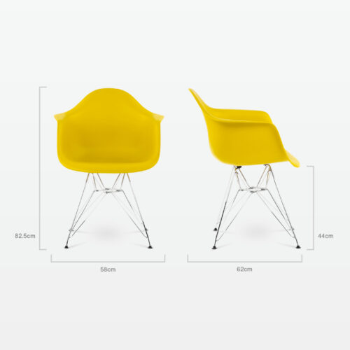 Designer Plastic Dining Armchair in Mustard & Chrome Metal Legs - dimensions
