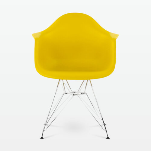 Designer Plastic Dining Armchair in Mustard & Chrome Metal Legs - front