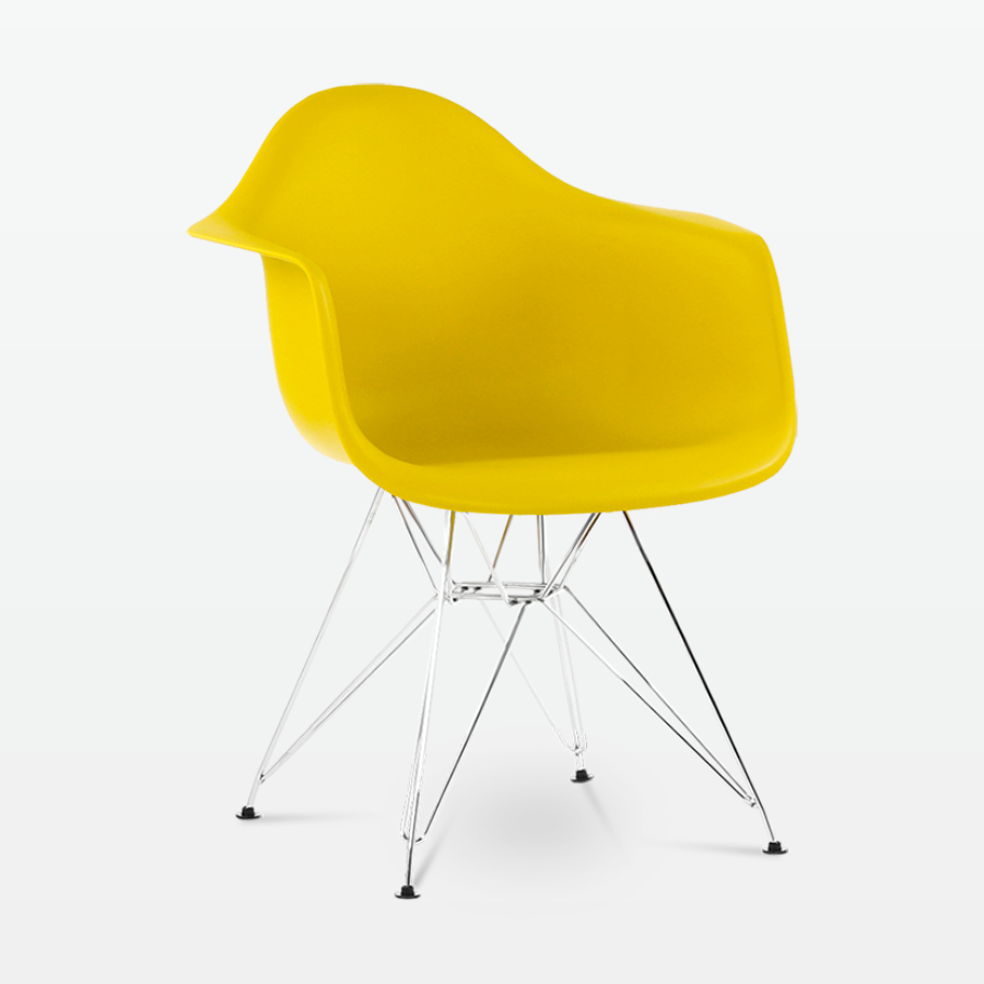 Designer Plastic Dining Armchair in Mustard & Chrome Metal Legs - front angle