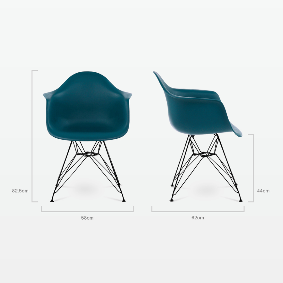 Designer Plastic Dining Armchair in Ocean & Black Metal Legs - dimensions