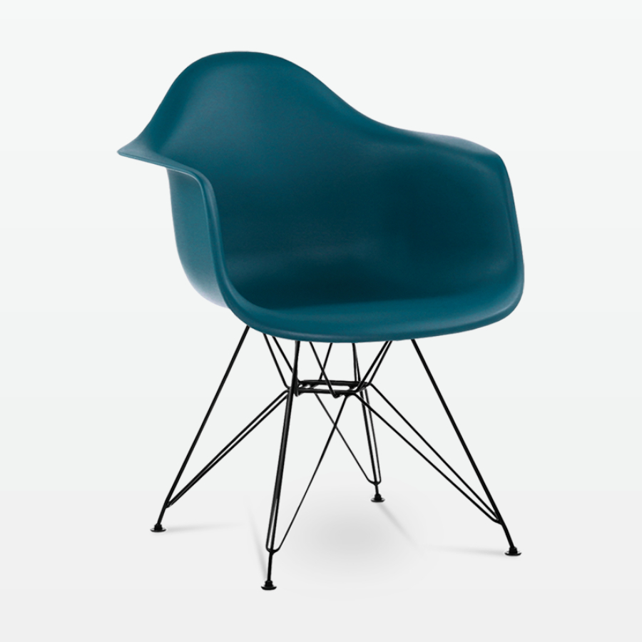 Designer Plastic Dining Armchair in Ocean & Black Metal Legs - front angle