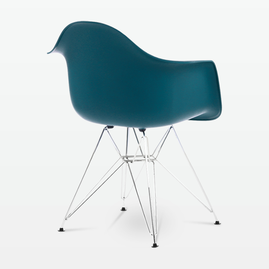 Designer Plastic Dining Armchair in Ocean & Chrome Metal Legs - back angle