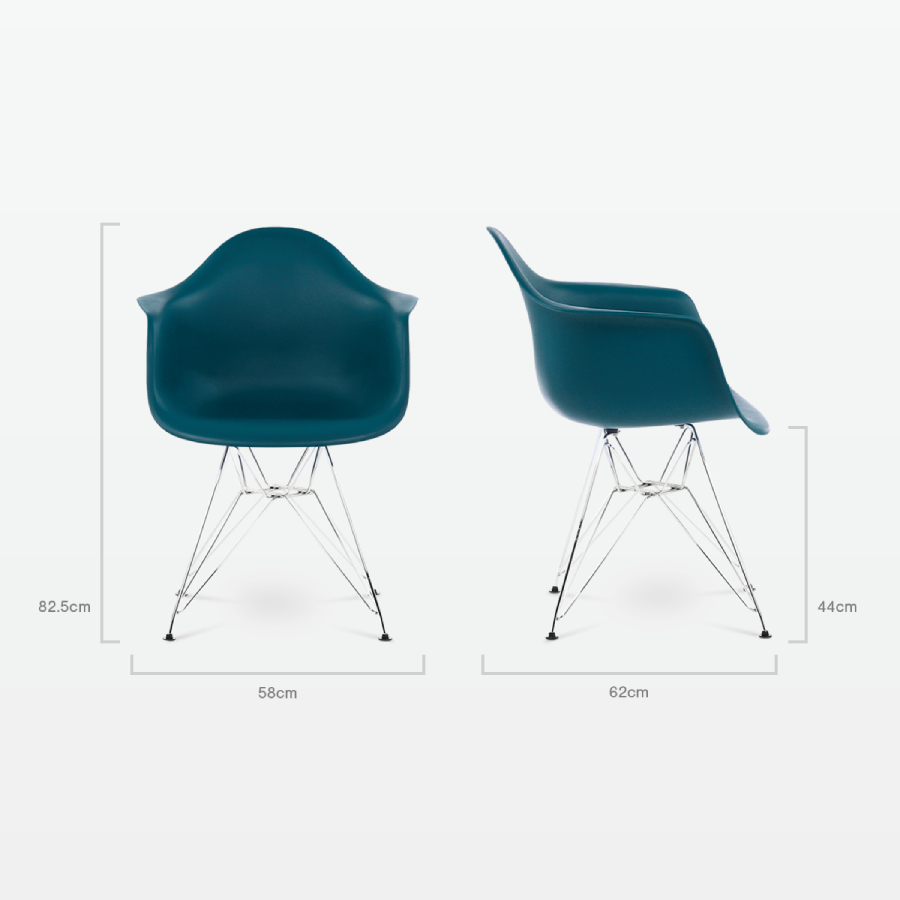 Designer Plastic Dining Armchair in Ocean & Chrome Metal Legs - dimensions