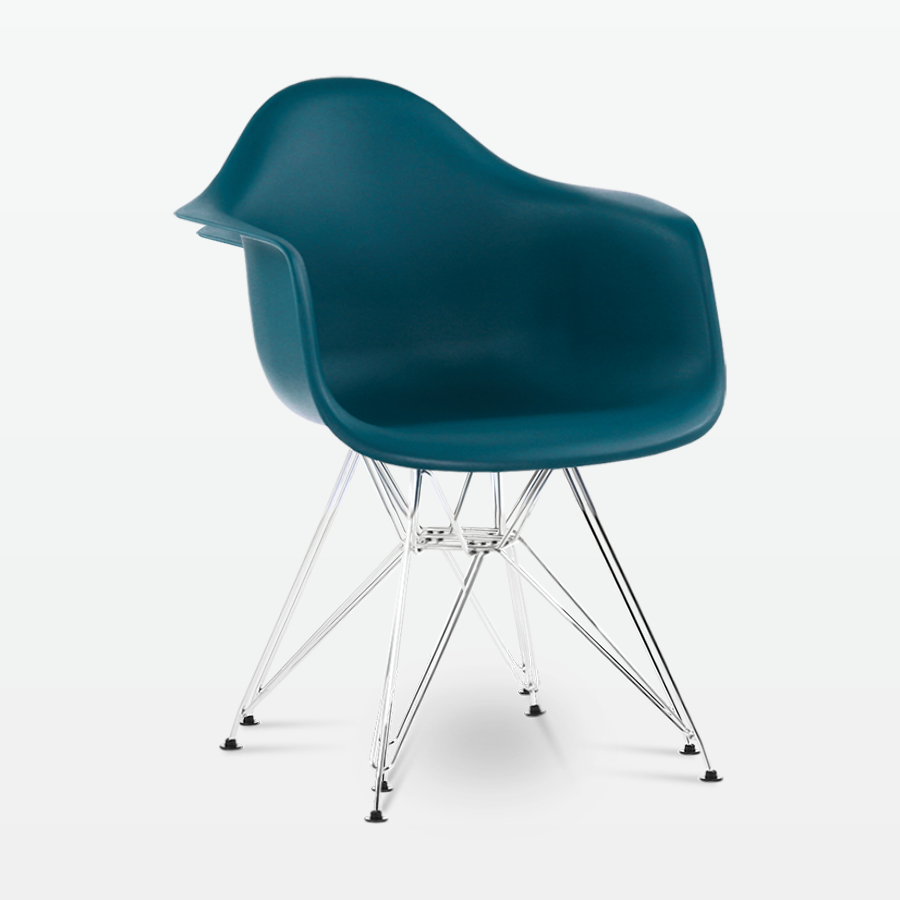 Designer Plastic Dining Armchair in Ocean & Chrome Metal Legs - front angle