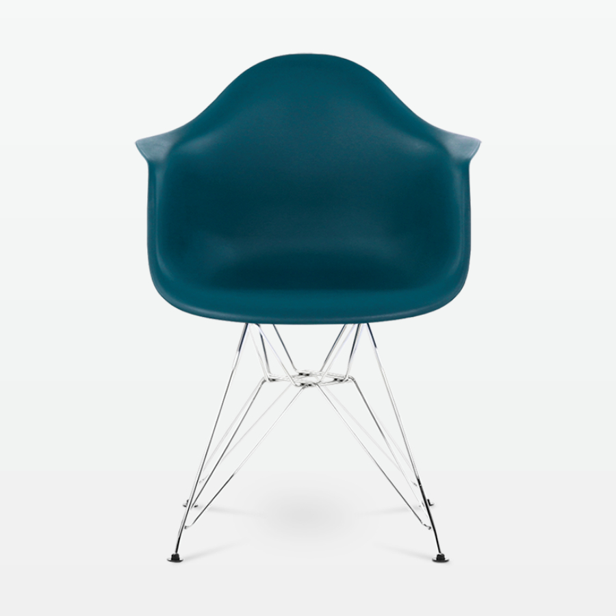 Designer Plastic Dining Armchair in Ocean & Chrome Metal Legs - front
