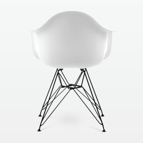 Designer Plastic Dining Armchair in White & Black Metal Legs - back