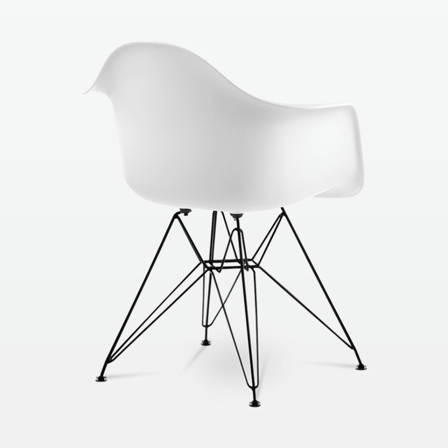 Designer Plastic Dining Armchair in White & Black Metal Legs - back angle
