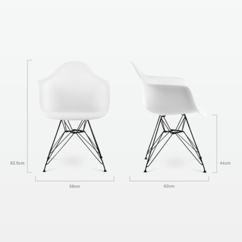 Designer Plastic Dining Armchair in White & Black Metal Legs - dimensions