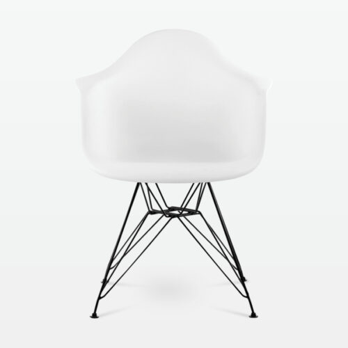 Designer Plastic Dining Armchair in White & Black Metal Legs - front