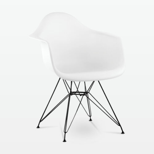 Designer Plastic Dining Armchair in White & Black Metal Legs - front angle