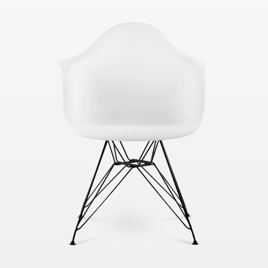 Designer Plastic Dining Armchair in White & Black Metal Legs - front