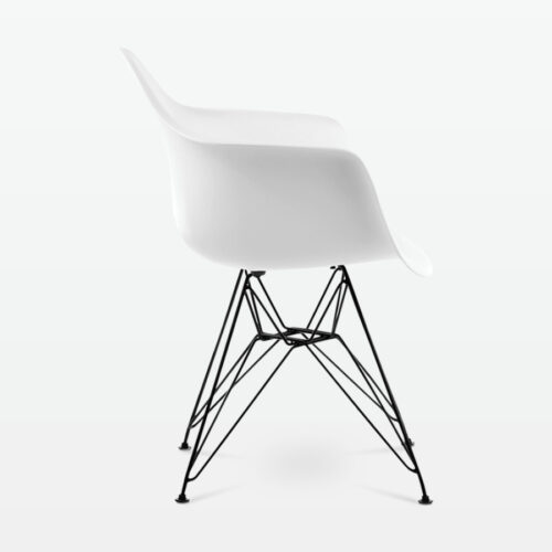 Designer Plastic Dining Armchair in White & Black Metal Legs - side