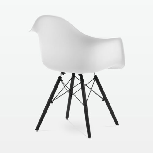 Designer Plastic Dining Armchair in White & Black Wood Legs - back angle