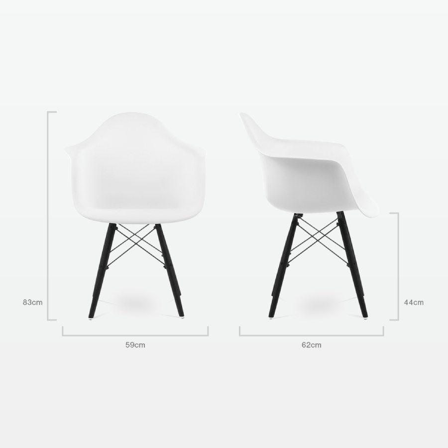 Designer Plastic Dining Armchair in White & Black Wood Legs - dimensions