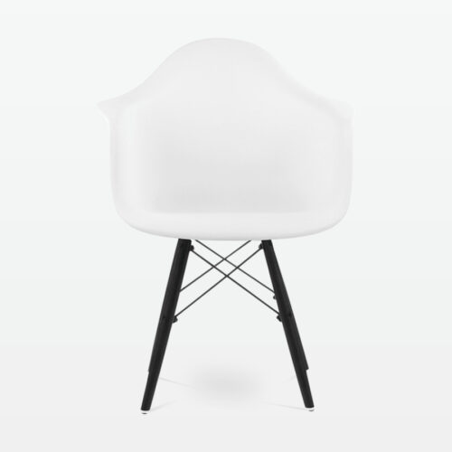 Designer Plastic Dining Armchair in White & Black Wood Legs - front