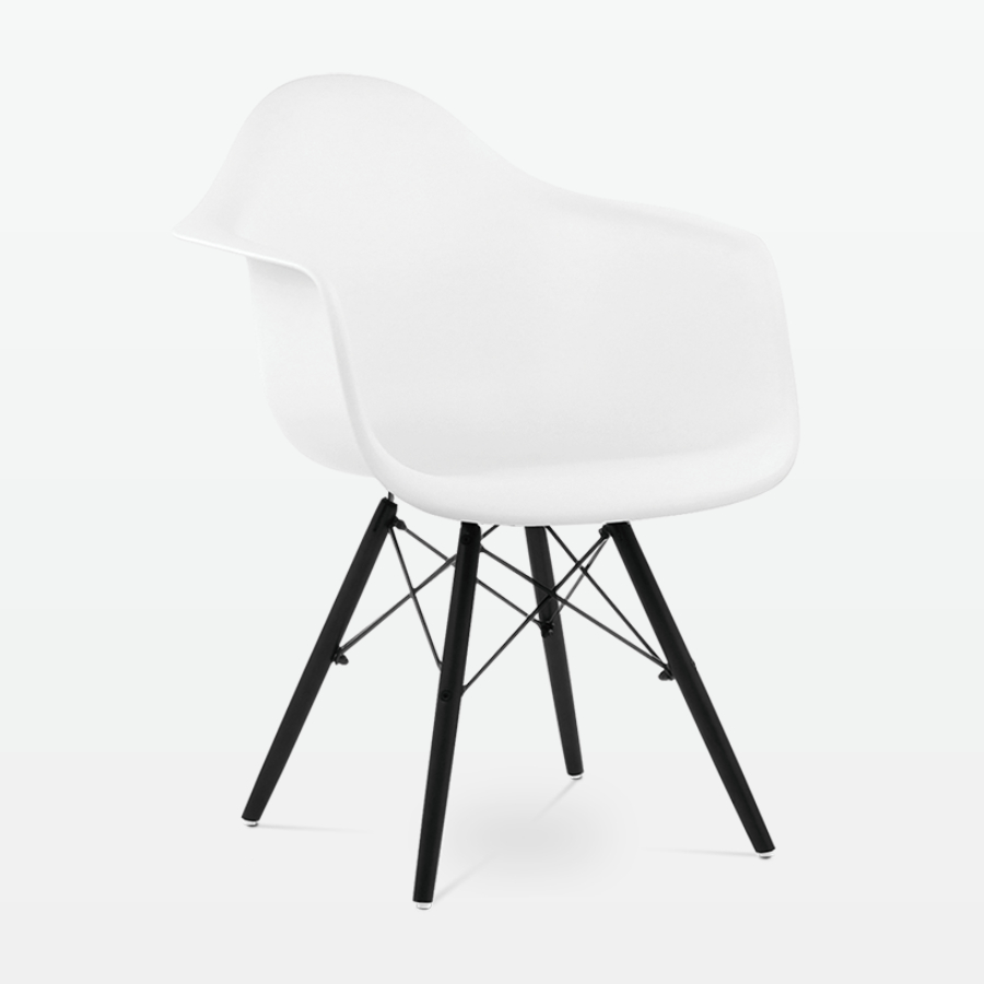 Designer Plastic Dining Armchair in White & Black Wood Legs - front angle