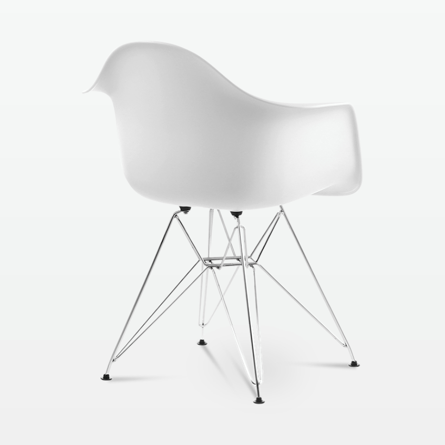 Designer Plastic Dining Armchair in White & Chrome Metal Legs - back angle