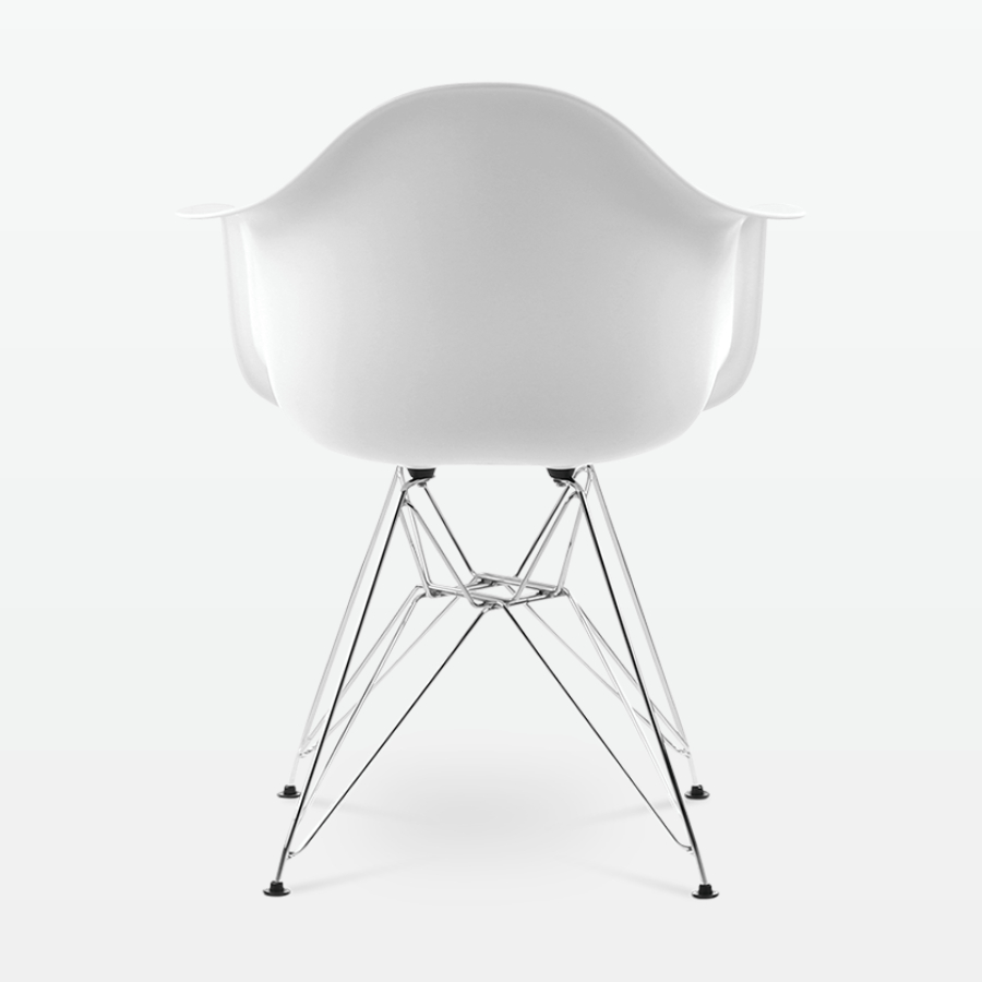 Designer Plastic Dining Armchair in White & Chrome Metal Legs - back