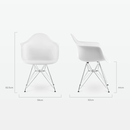Designer Plastic Dining Armchair in White & Chrome Metal Legs - dimensions