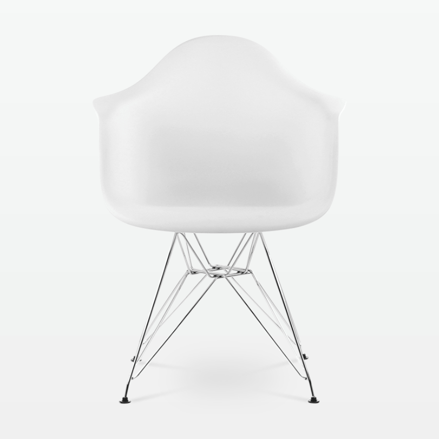Designer Plastic Dining Armchair in White & Chrome Metal Legs - front