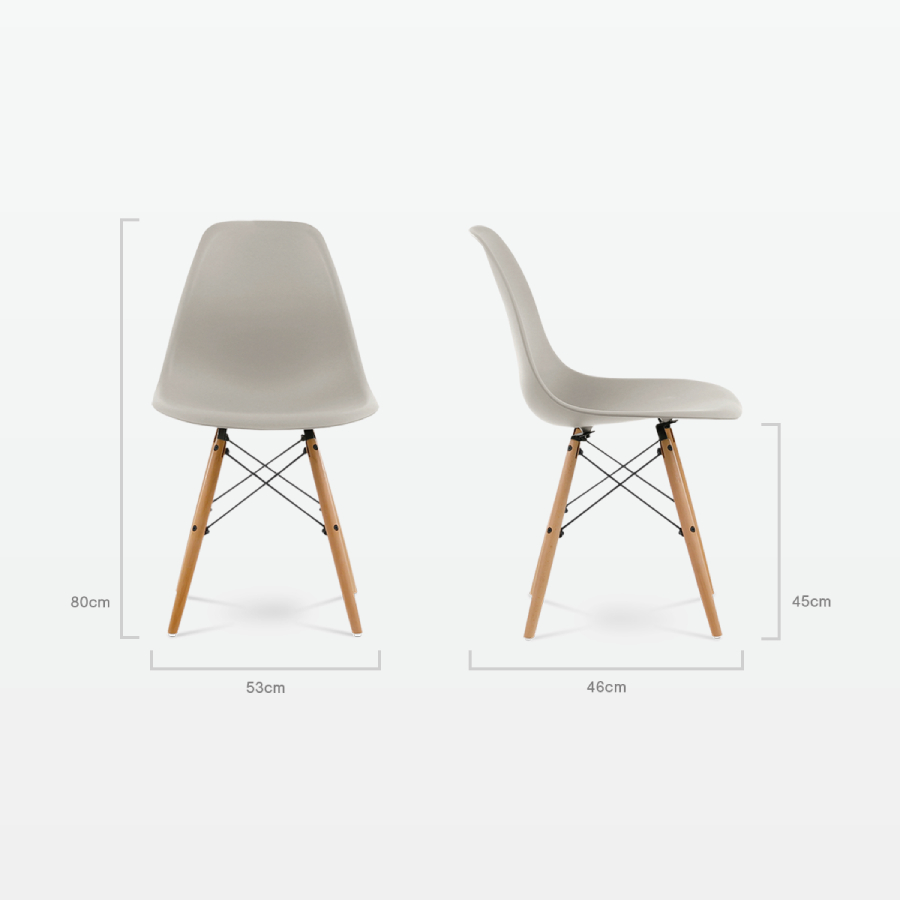 Designer Plastic Dining Side Chair in Beige Top & Beech Wooden Legs - dimensions