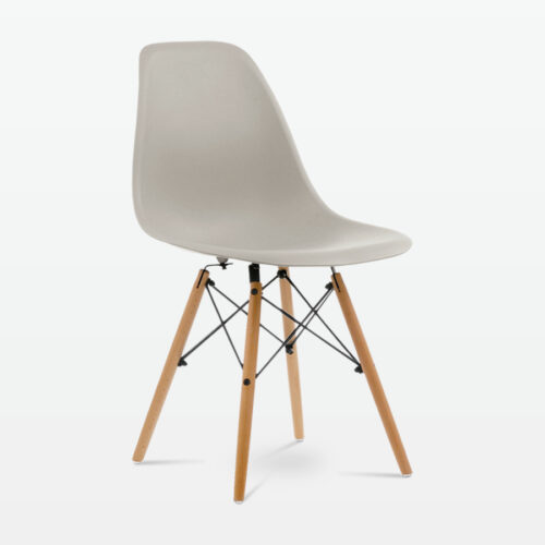 Designer Plastic Dining Side Chair in Beige Top & Beech Wooden Legs - front angle