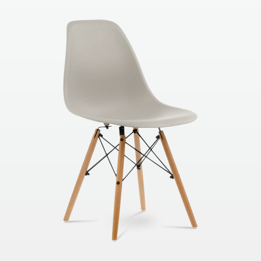 Designer Plastic Dining Side Chair in Beige Top & Beech Wooden Legs - front angle