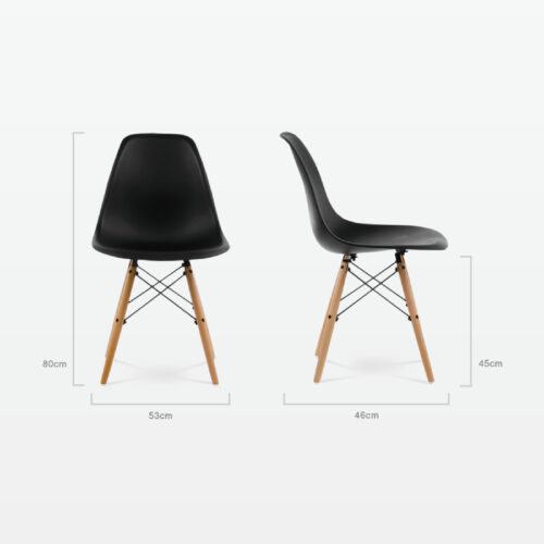 Designer Plastic Dining Side Chair in Black Top & Beech Wooden Legs - dimensions