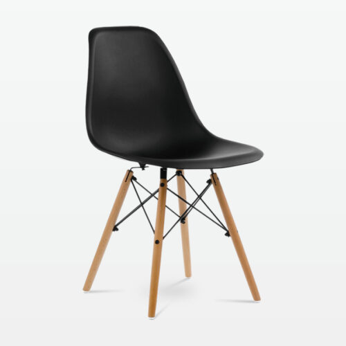 Designer Plastic Dining Side Chair in Black Top & Beech Wooden Legs - front angle