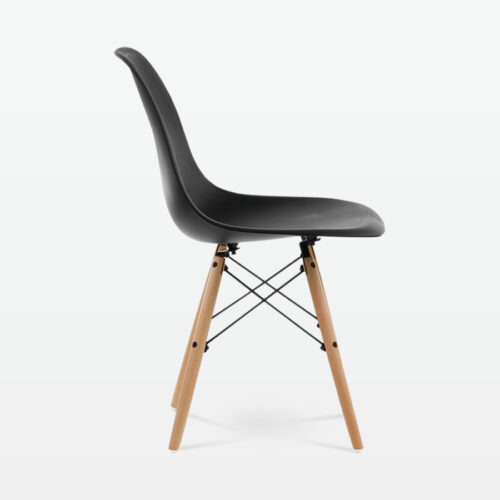 Designer Plastic Dining Side Chair in Black Top & Beech Wooden Legs - side