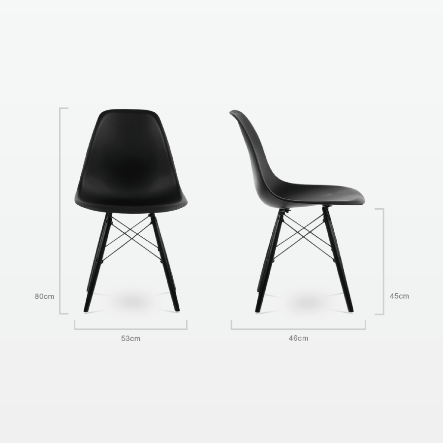Designer Plastic Dining Side Chair in Black Top & Black Wooden Legs - dimensions