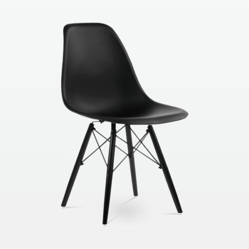 Designer Plastic Dining Side Chair in Black Top & Black Wooden Legs - front angle