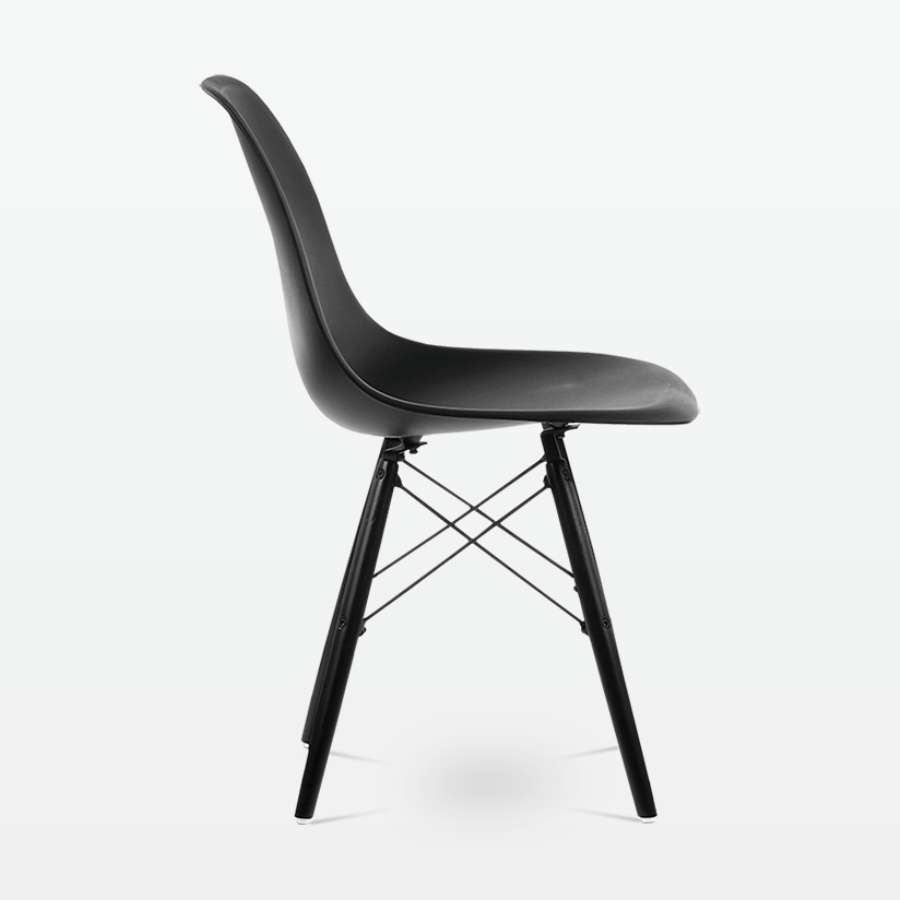 Designer Plastic Dining Side Chair in Black Top & Black Wooden Legs - side