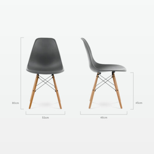 Designer Plastic Dining Side Chair in Dark Grey Top & Beech Wooden Legs - dimensions