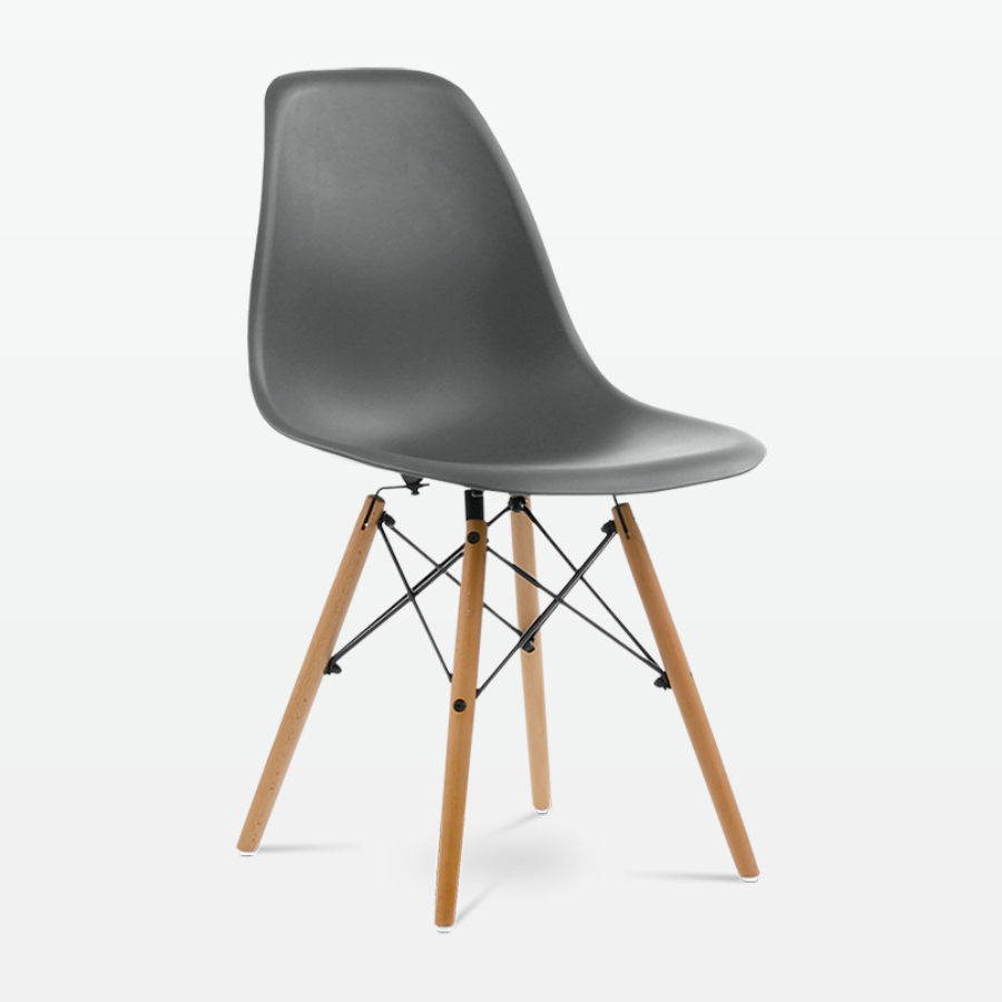 Designer Plastic Dining Side Chair in Dark Grey Top & Beech Wooden Legs - front angle