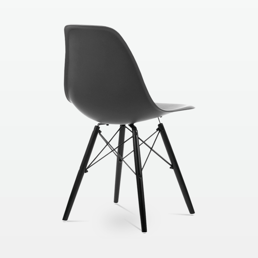 Designer Plastic Dining Side Chair in Dark Grey Top & Black Wooden Legs - back angle