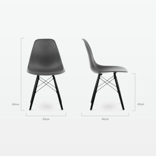 Designer Plastic Dining Side Chair in Dark Grey Top & Black Wooden Legs - dimensions