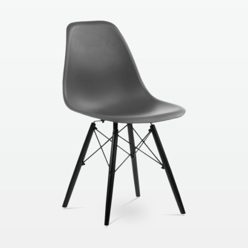 Designer Plastic Dining Side Chair in Dark Grey Top & Black Wooden Legs - front angle