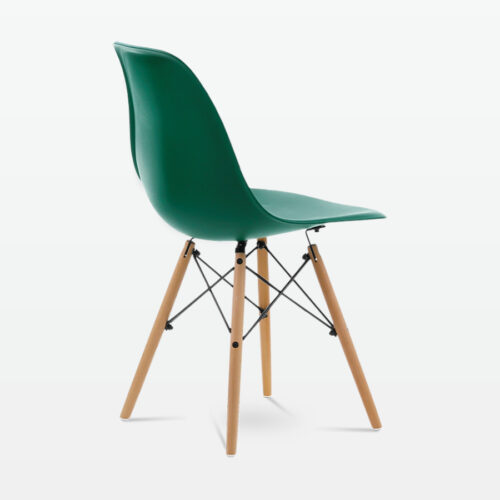 Designer Plastic Dining Side Chair in Forest Green Top & Beech Wooden Legs - back angle