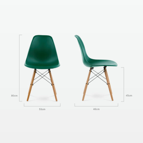 Designer Plastic Dining Side Chair in Forest Green Top & Beech Wooden Legs - dimensions