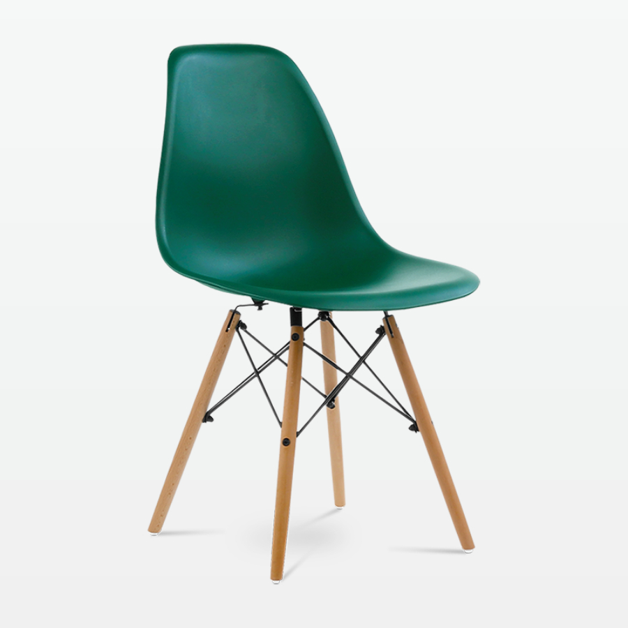 Designer Plastic Dining Side Chair in Forest Green Top & Beech Wooden Legs - front angle