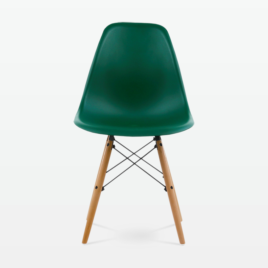 Designer Plastic Dining Side Chair in Forest Green Top & Beech Wooden Legs - front