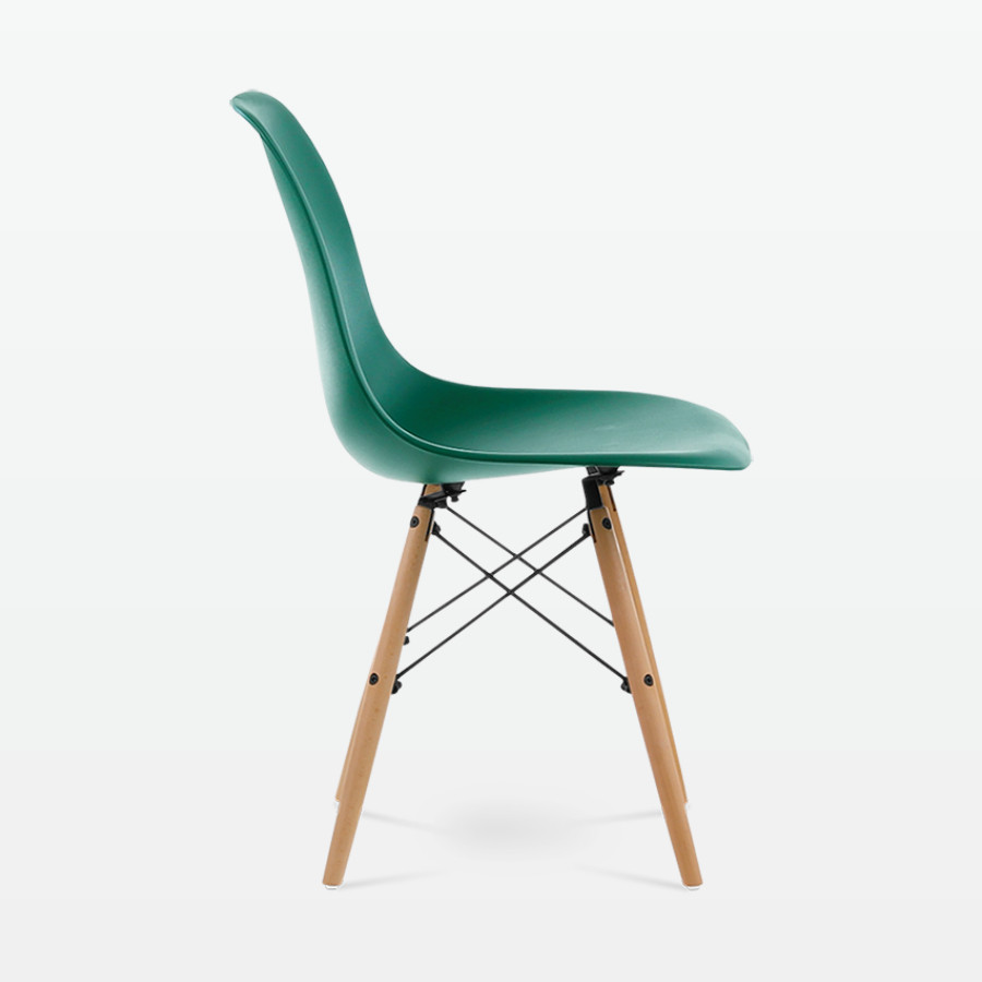 Designer Plastic Dining Side Chair in Forest Green Top & Beech Wooden Legs - side