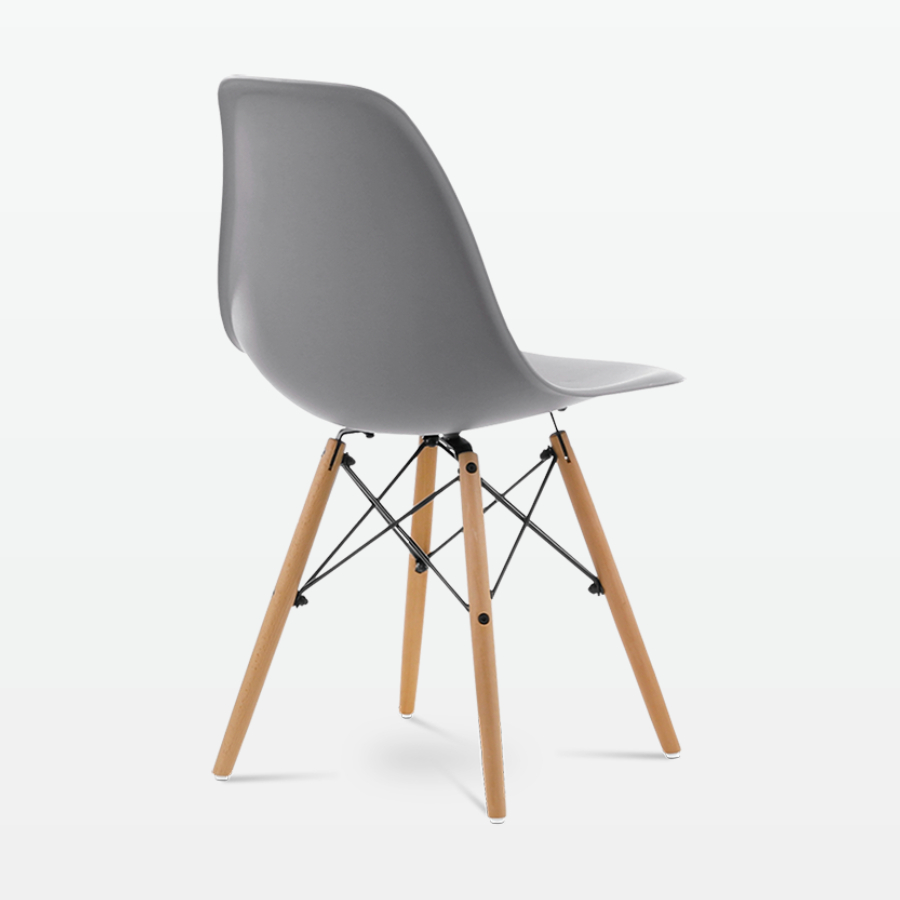 Designer Plastic Dining Side Chair in Mid Grey Top & Beech Wooden Legs - back angle