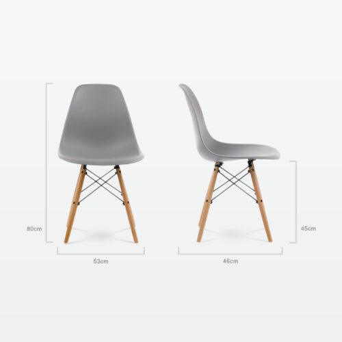Designer Plastic Dining Side Chair in Mid Grey Top & Beech Wooden Legs - dimensions