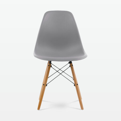 Designer Plastic Dining Side Chair in Mid Grey Top & Beech Wooden Legs - front