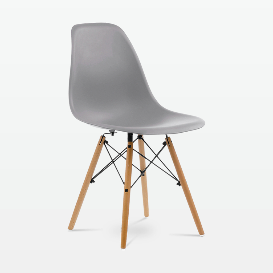 Designer Plastic Dining Side Chair in Mid Grey Top & Beech Wooden Legs - front angle