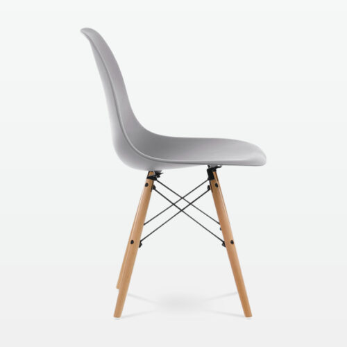 Designer Plastic Dining Side Chair in Mid Grey Top & Beech Wooden Legs - side