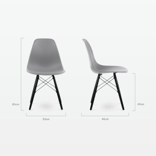 Designer Plastic Dining Side Chair in Mid Grey Top & Black Wooden Legs - dimensions